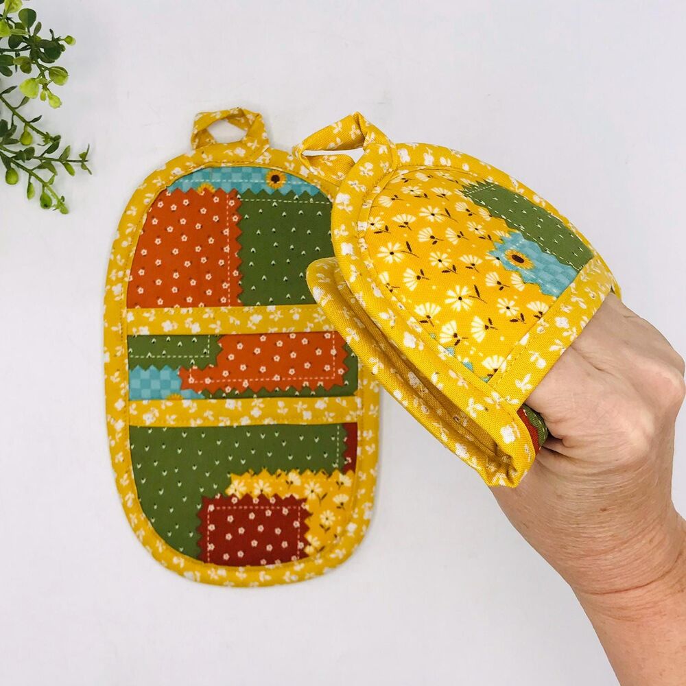 One Finger Potholder Hot Pads, Patchwork in Fall Colors Baking Cottage Core